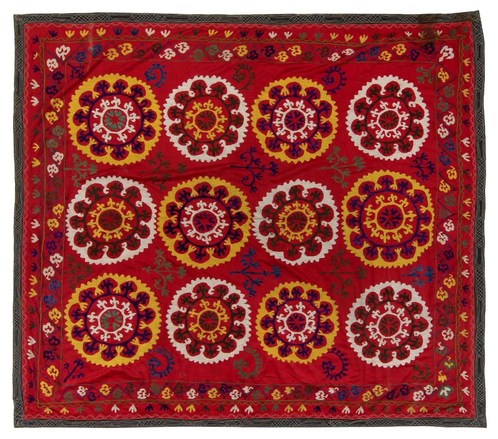 5.8x6.5 Ft Central Asian Suzani Textile. Embroidered Cotton & Silk Bed Cover photo 577.0