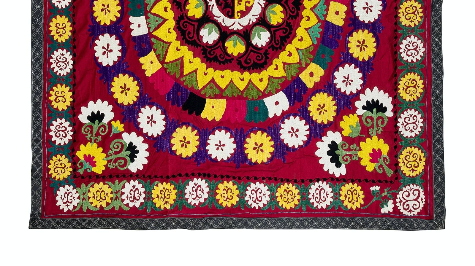 6x6.3 Ft Vintage Silk Embroidery Bedspread, Central Asian Suzani Tablecloth photo for sale