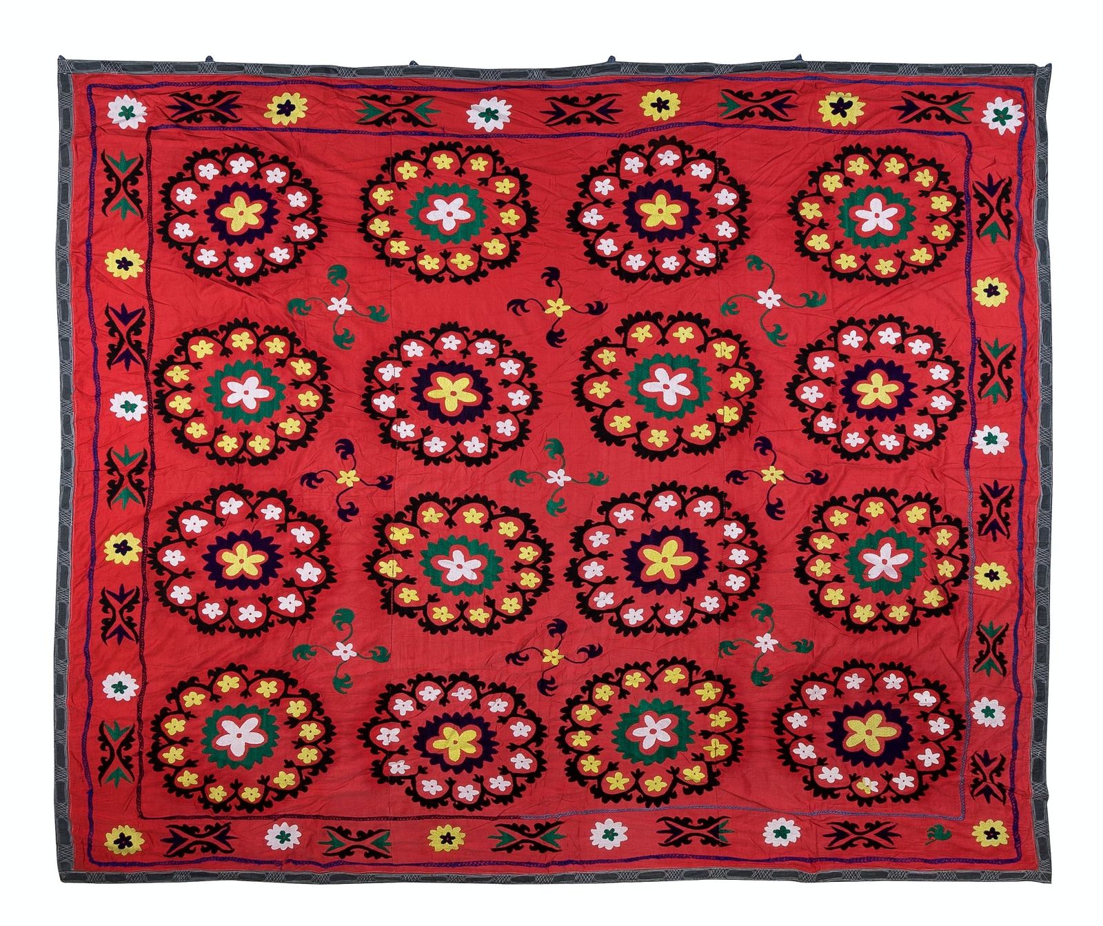 7.9x7.9 Ft Vintage Silk Hand Embroidery Bed Cover, Uzbek Suzani Wall Hanging photo 843.0