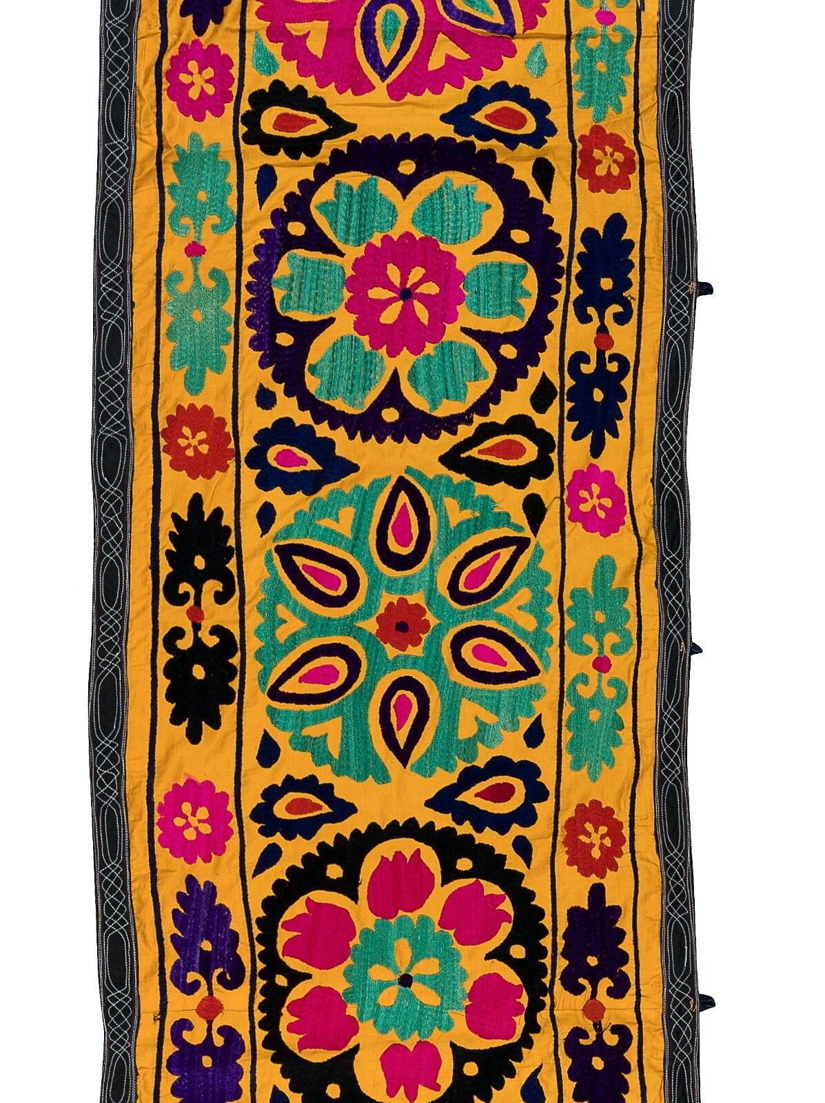 2x14.6 Ft Vintage Silk Hand Embroidery Wall Hanging, Yellow Suzani Table Runner photo Art
