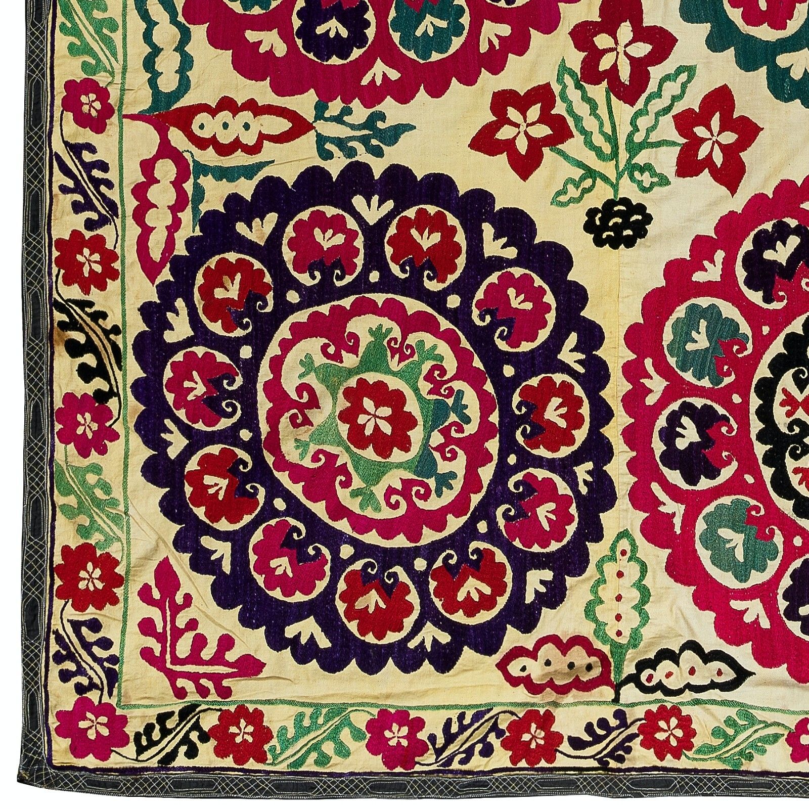 4.7x7.4 Ft Vintage Silk Hand Embroidery Bed Cover, Uzbek Suzani Wall Hanging photo vinterior