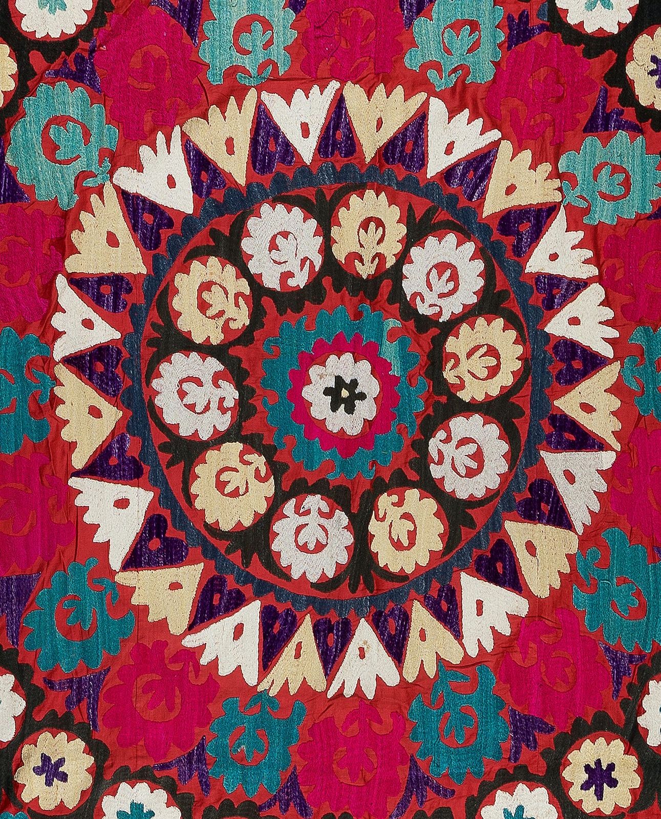 6x7 Ft Vintage Silk Hand Embroidery Bed Cover, Central Asian Suzani Wall Hanging photo Art