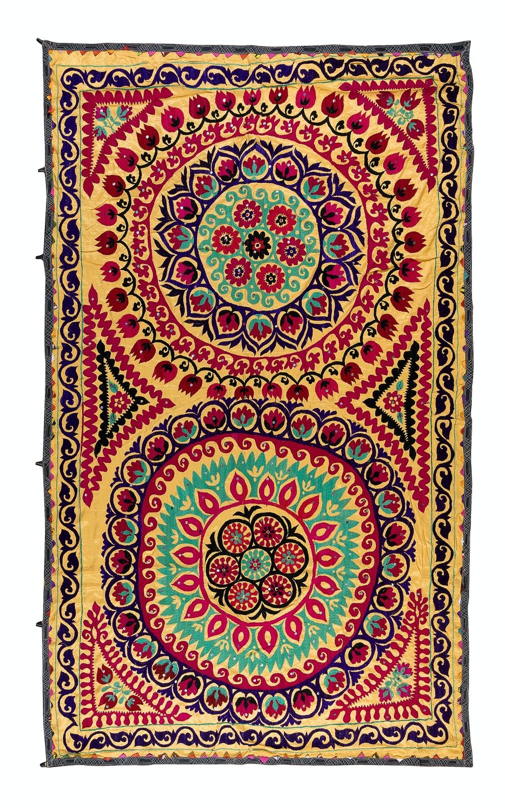 5x7.7 Ft Vintage Silk Hand Embroidery Bed Cover, Uzbek Suzani Wall Hanging