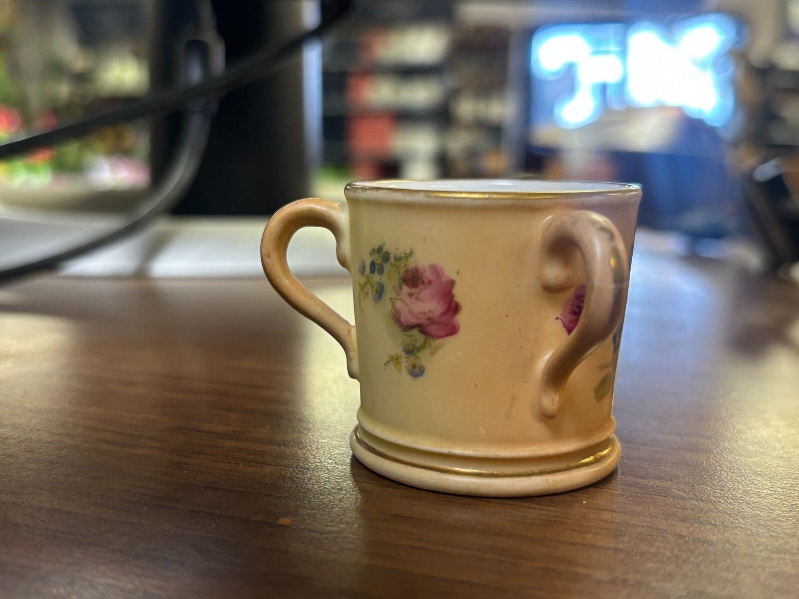 Rare Antique Miniature Royal Worcester Blush Ivory 3 Handle Cup photo for sale