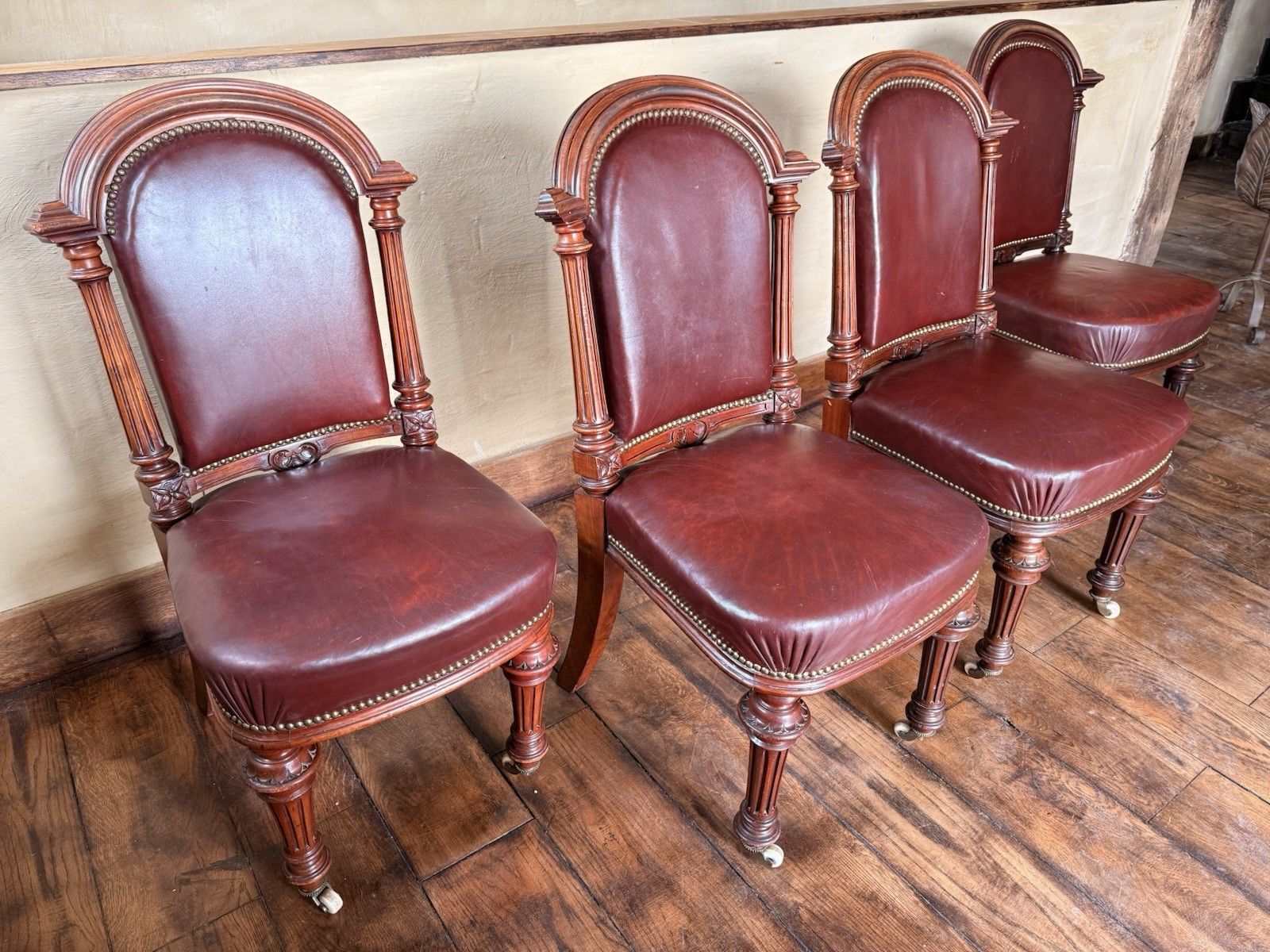 Set  4 Antique Red Aniline Red Leather Dining Chairs Manner Gillows Circa 1860 photo 999.0
