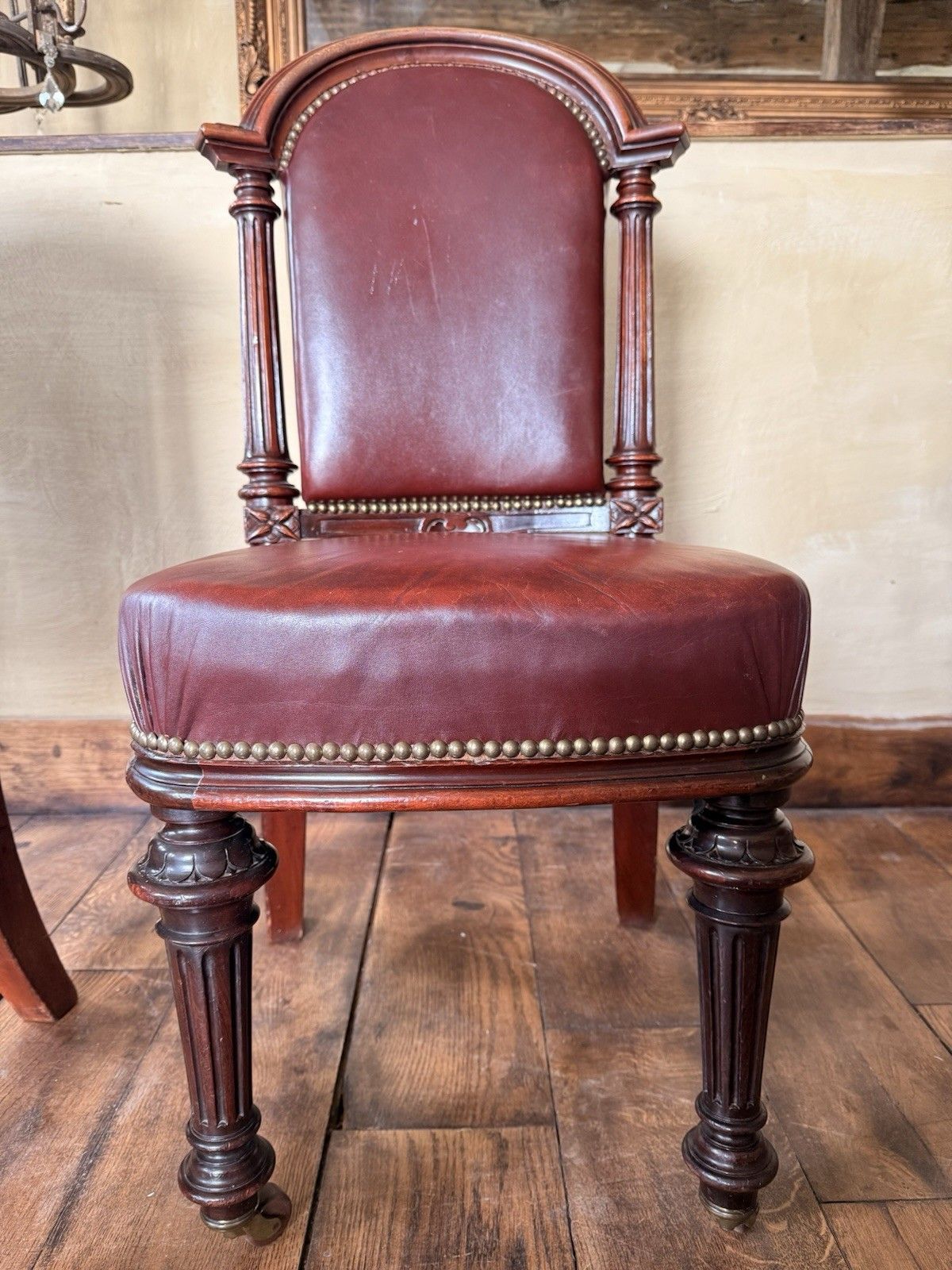 photo for sale Set  4 Antique Red Aniline Red Leather Dining Chairs Manner Gillows Circa 1860