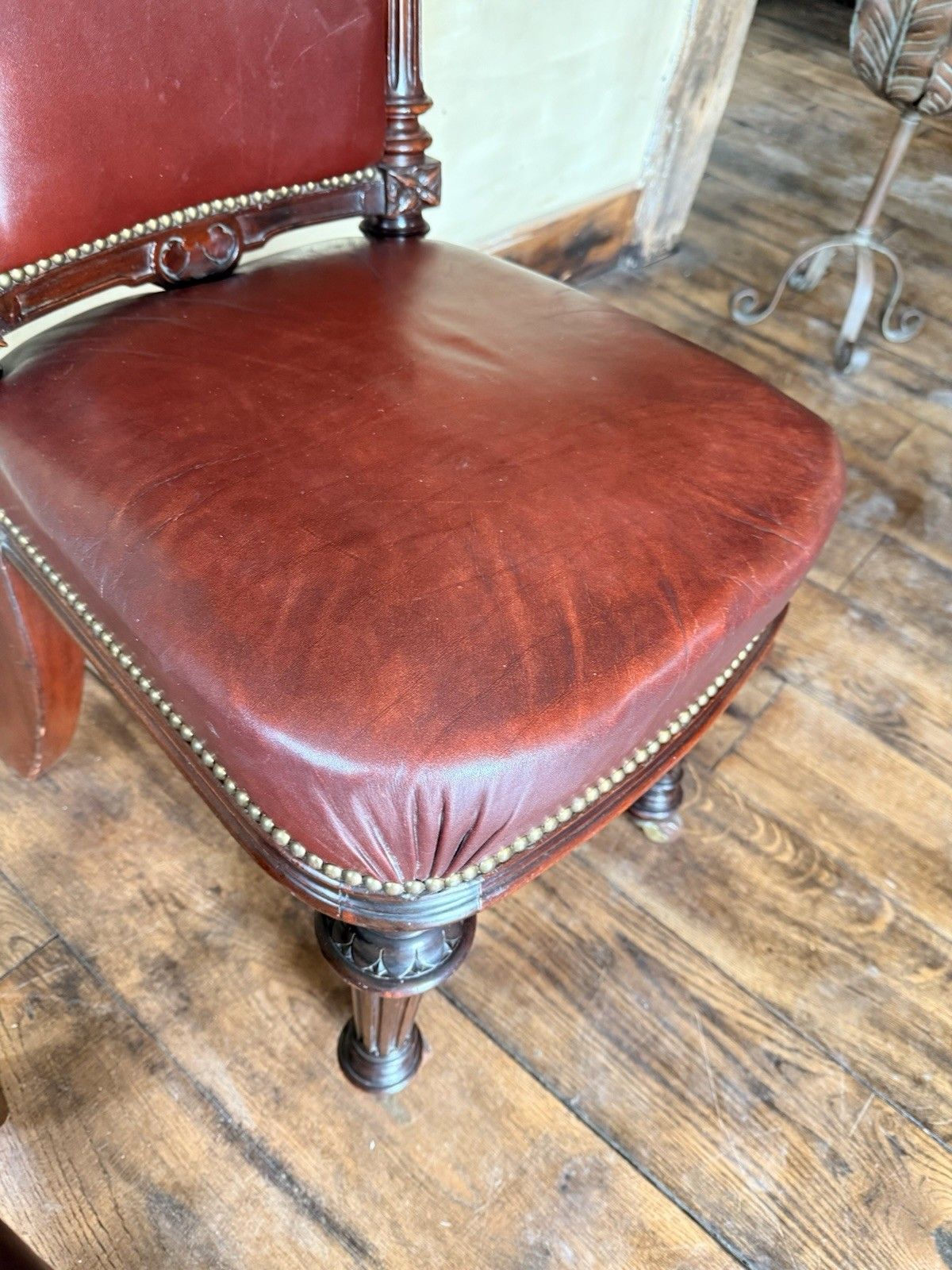 photo buy Set  4 Antique Red Aniline Red Leather Dining Chairs Manner Gillows Circa 1860