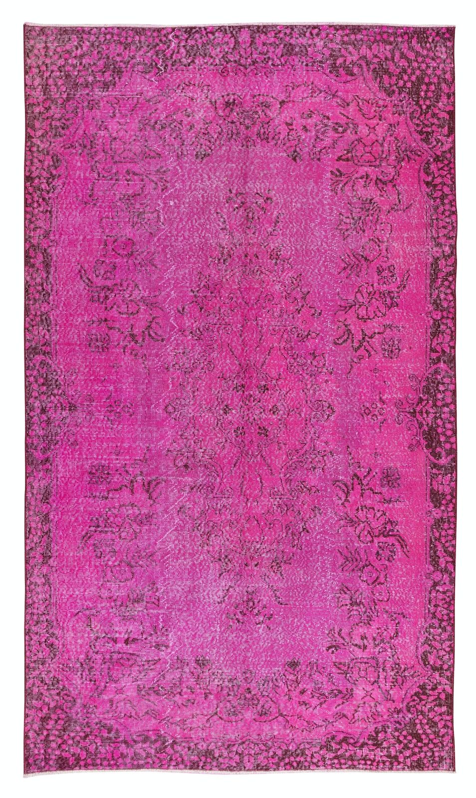 5.6x9.8 Ft Vintage Handmade Turkish Rug Over Dyed In Pink With Medallion Design