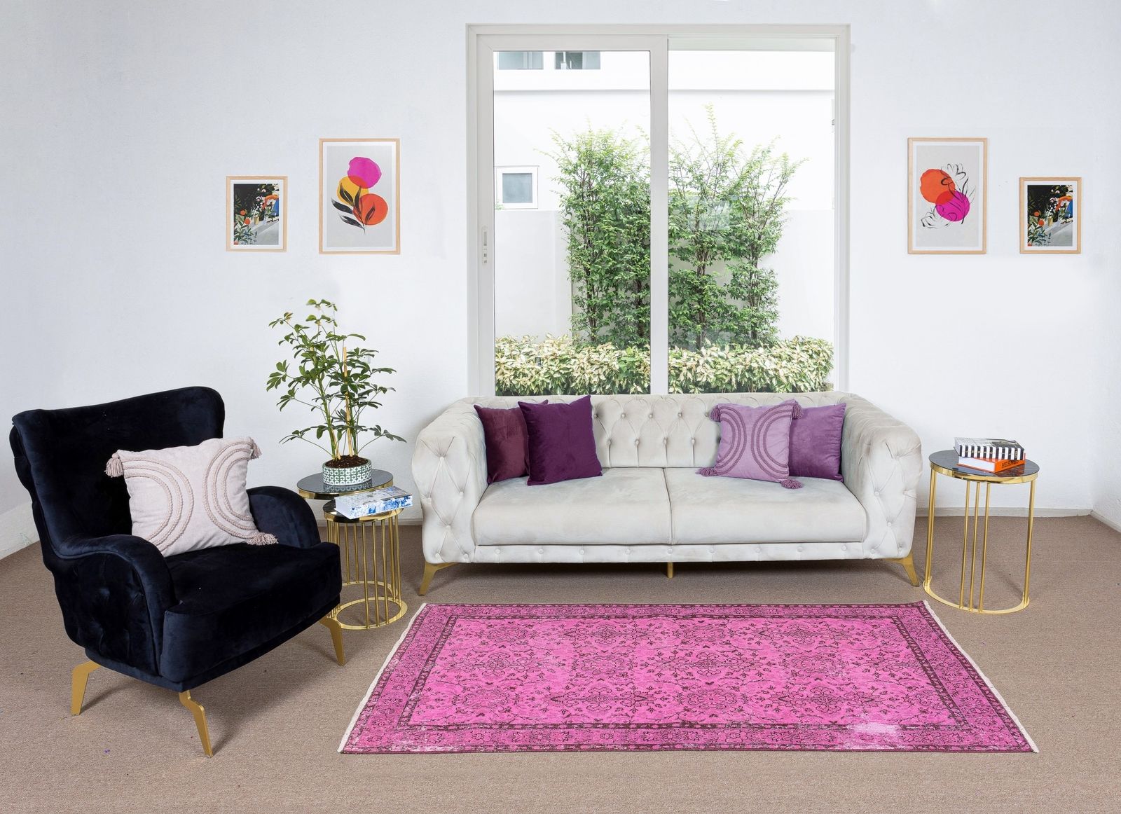 3.8x7 Ft Pink Over Dyed Rug, Floral Turkish Vintage Hand Knotted Small Carpet photo furniture