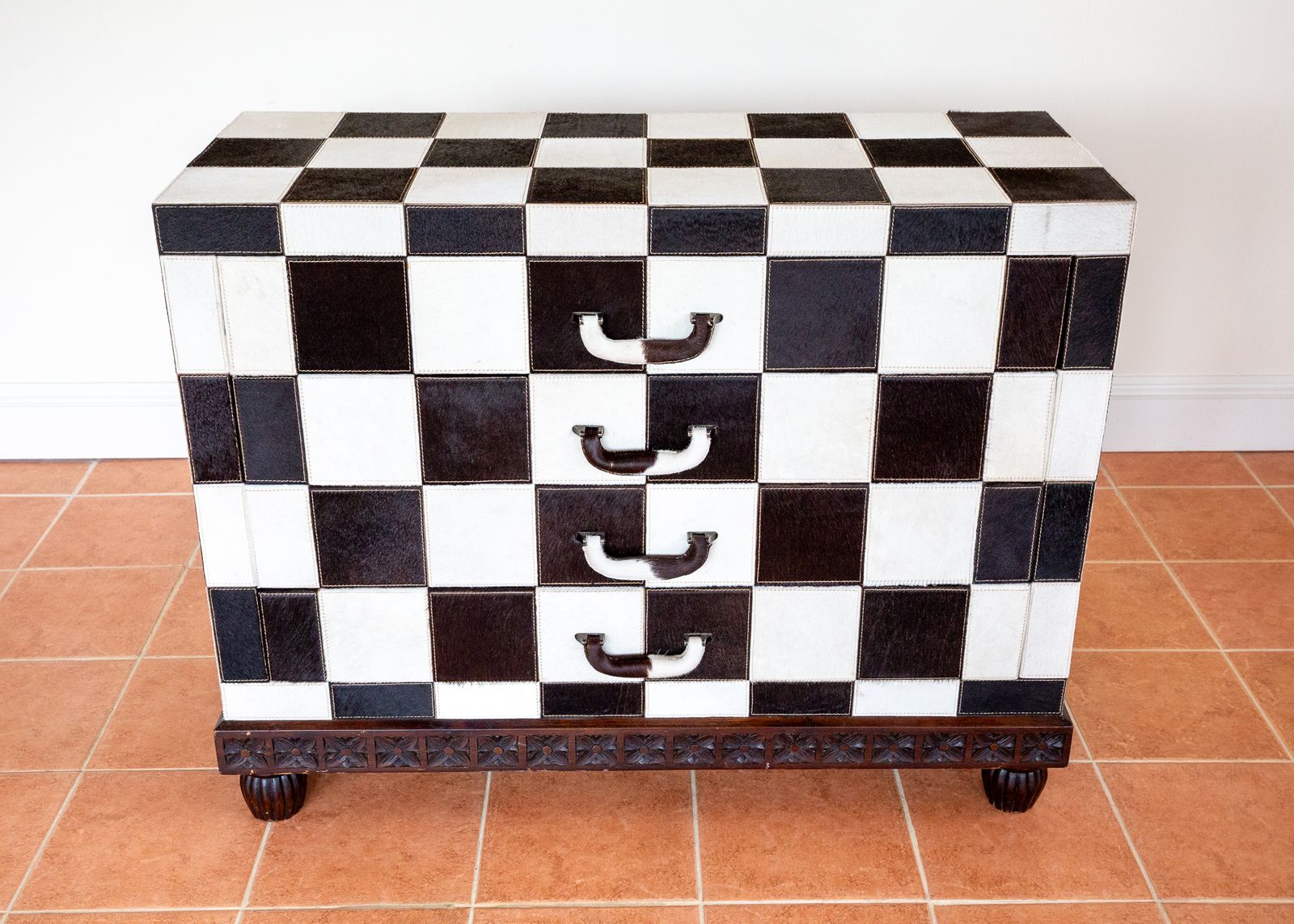 Checkerboard Chest Of Drawers Antique Cowhide Statement Furniture Country House Rock Star Furniture Black And White Patchwork Monochrome photo vintage