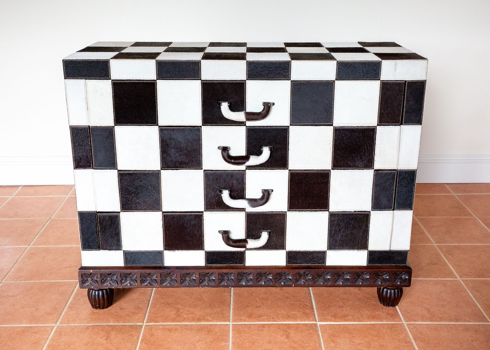 Checkerboard Chest Of Drawers Antique Cowhide Statement Furniture Country House Rock Star Furniture Black And White Patchwork Monochrome photo Furniture