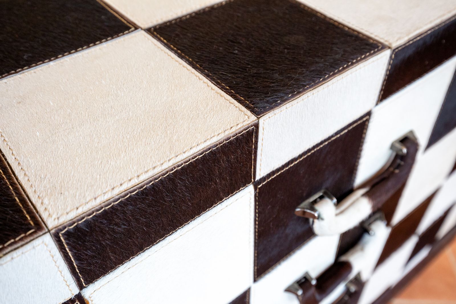 photo buy Checkerboard Chest Of Drawers Antique Cowhide Statement Furniture Country House Rock Star Furniture Black And White Patchwork Monochrome
