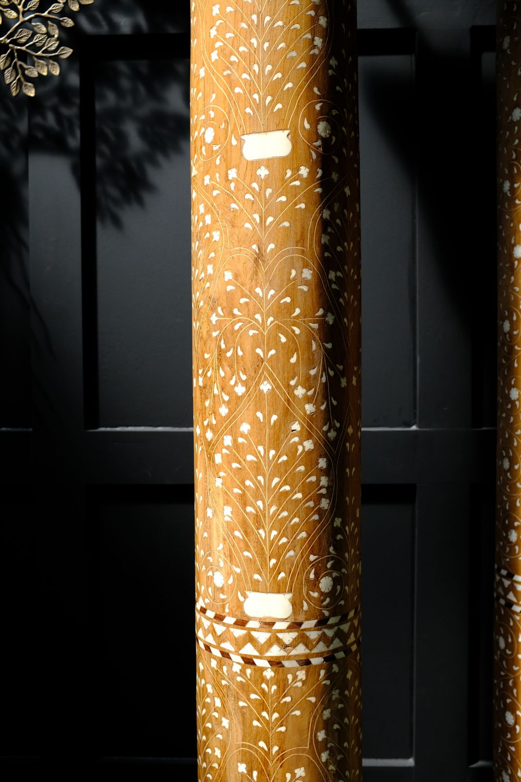 1890s Pair Of Monumental Rajasthani Columns With Hand Carved Camel Bone Inlay – Antique Architectural Pillars From India photo buy