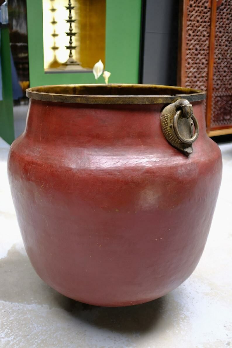 18th Century North Indian Brass Cooking & Water Pot With Red Patina & Ornate Peacock Handles | Antique Temple Kitchen Vessel