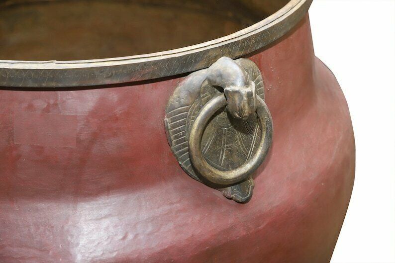 18th Century North Indian Brass Cooking & Water Pot With Red Patina & Ornate Peacock Handles | Antique Temple Kitchen Vessel photo 4950.0