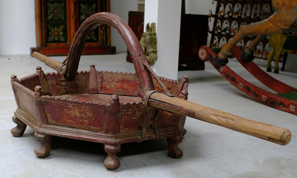 Antique Painted Teakwood Palkhi From Gujarat, 1900 – Hand Carved Palanquin For Temple Processions With Original Red Finish photo for sale