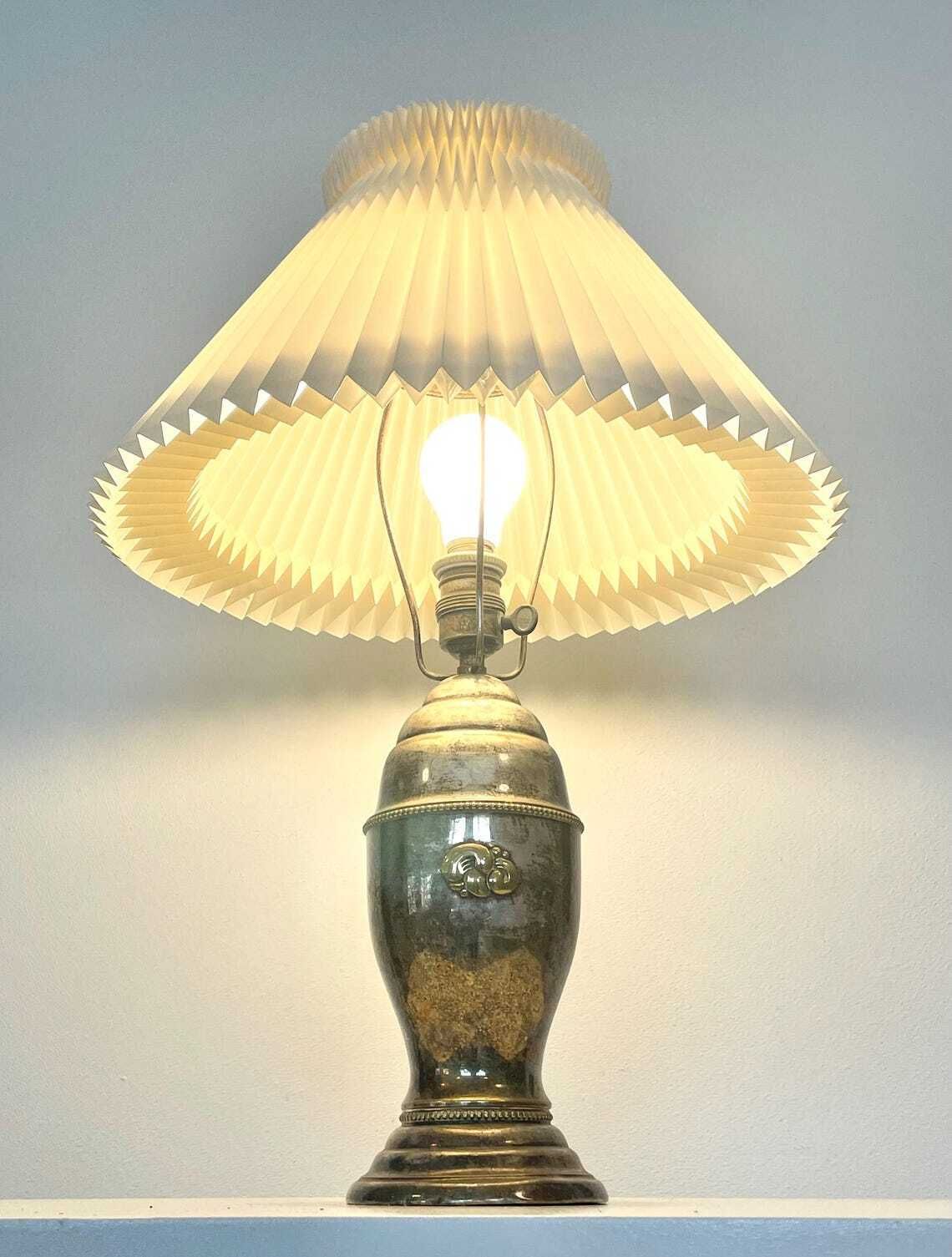 Exclusive Danish Vintage Art Deco Silver Plated Table Lamp With Decoration And Original Le Klint Shade   Design By Gero Sølv, Denmark photo Lighting