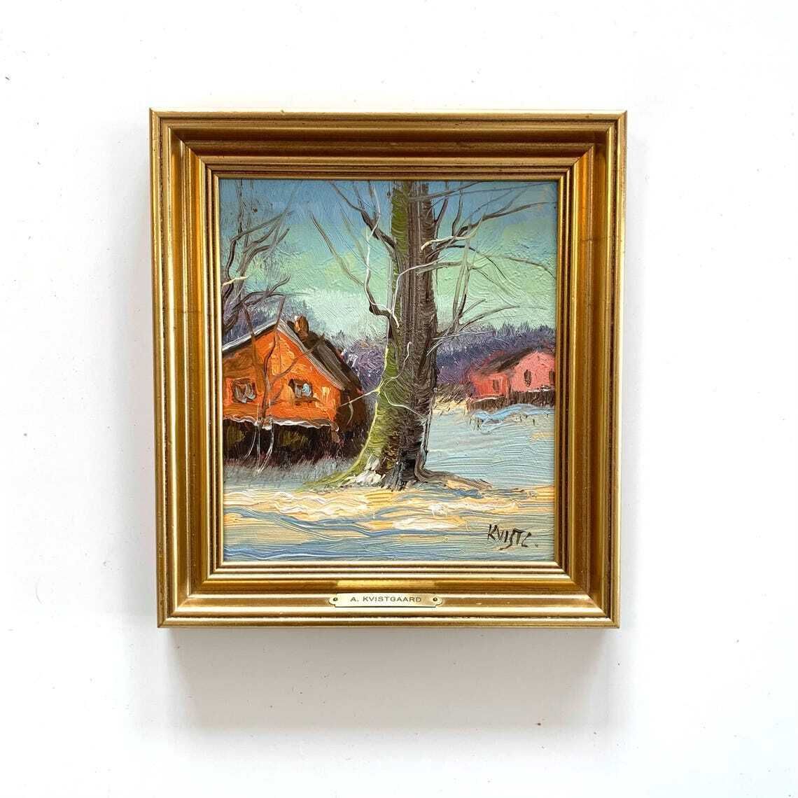 Original Vintage Danish Signed Oil On Plate Painting With Two Houses In A Rural Winter Landscape