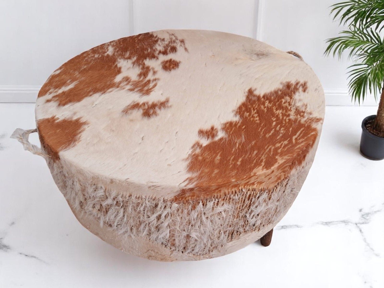 Vintage African Drum Coffee Table Cowhide Table Glass Top Large 1960 photo furniture