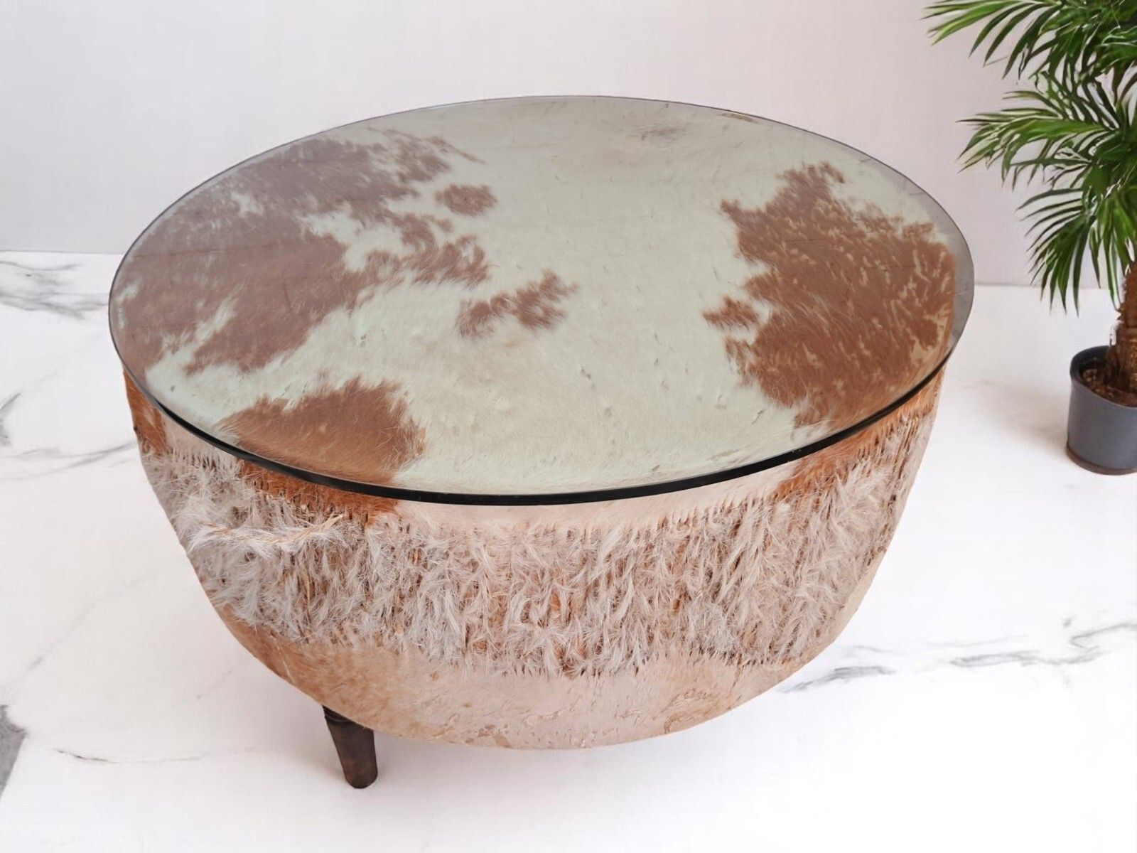 Vintage African Drum Coffee Table Cowhide Table Glass Top Large 1960 photo for sale