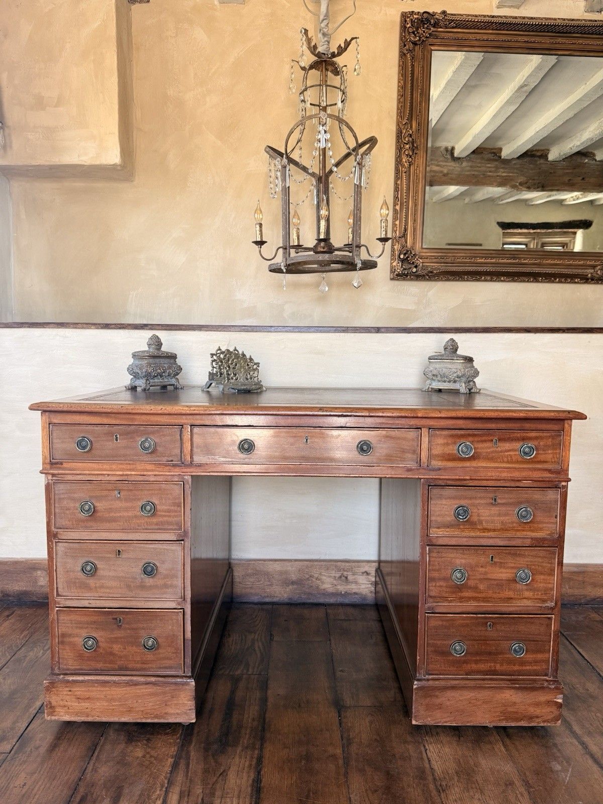 Fine Original Georgian Antique Brown Leather Writing Pedestal Desk Circa 1800's