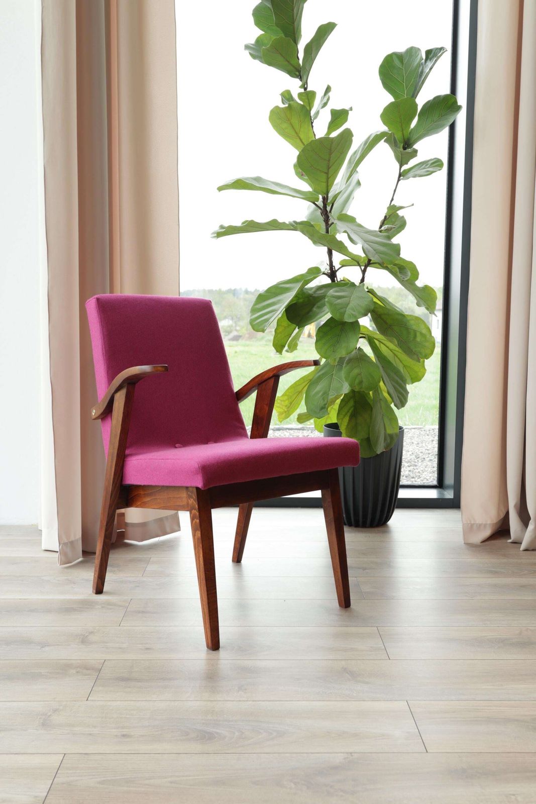 Vintage Wool Fuchsia Armchair Full Refurbished Designed By Puchała, 1960, Poland