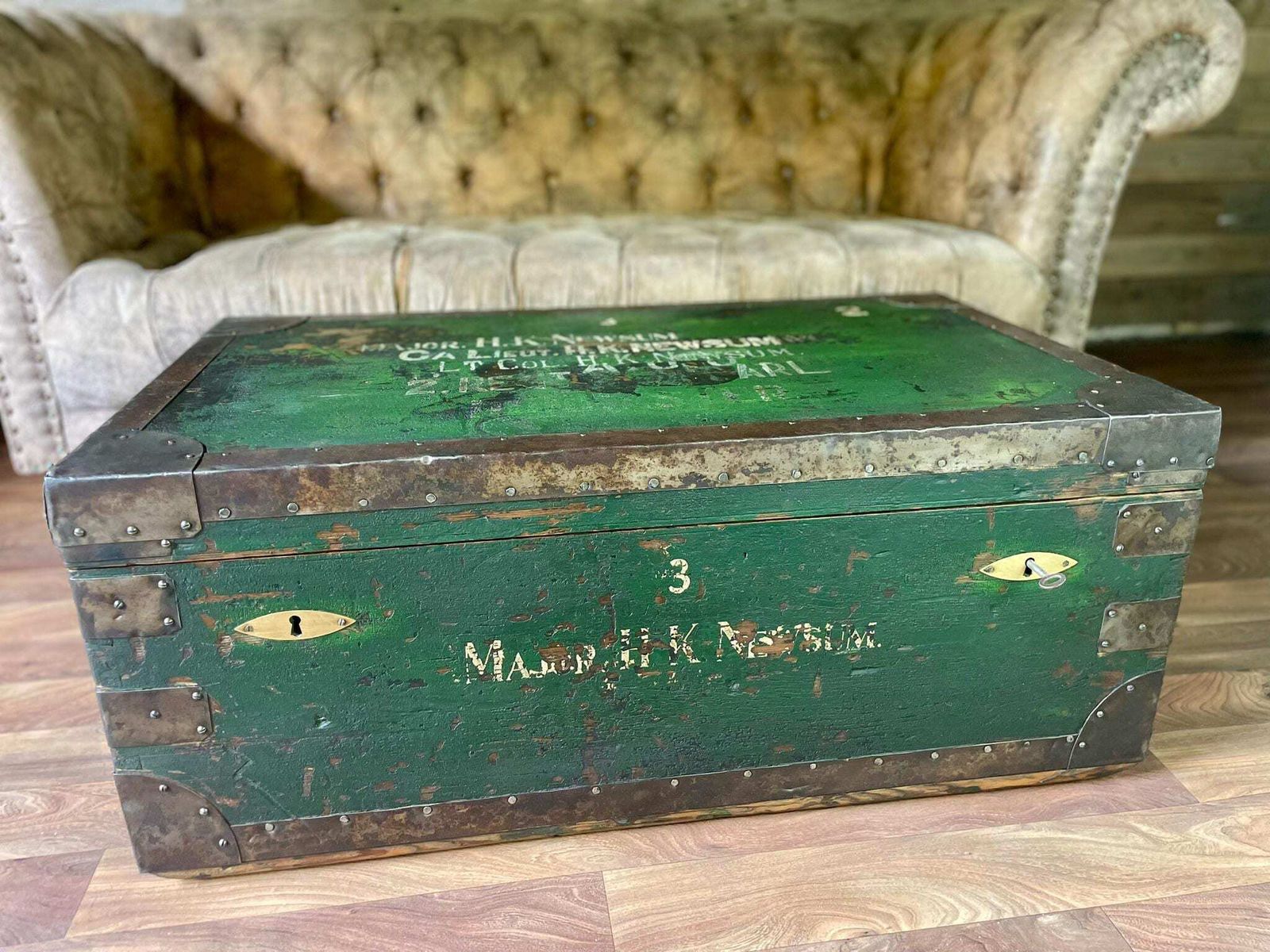 Antique Military Trunk, Storage Chest, Coffee Table Trunk & Key photo for sale