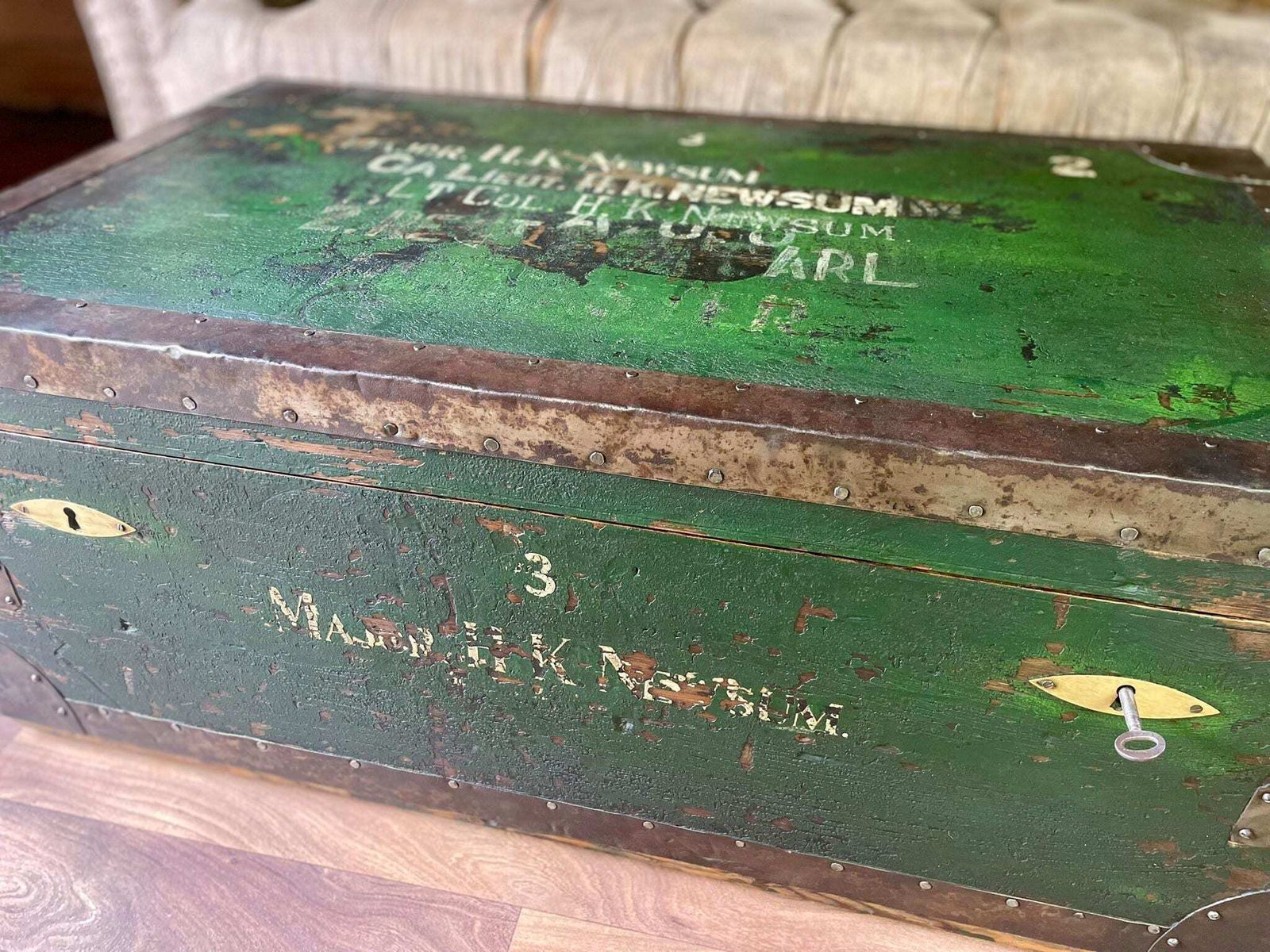 Antique Military Trunk, Storage Chest, Coffee Table Trunk & Key photo Furniture