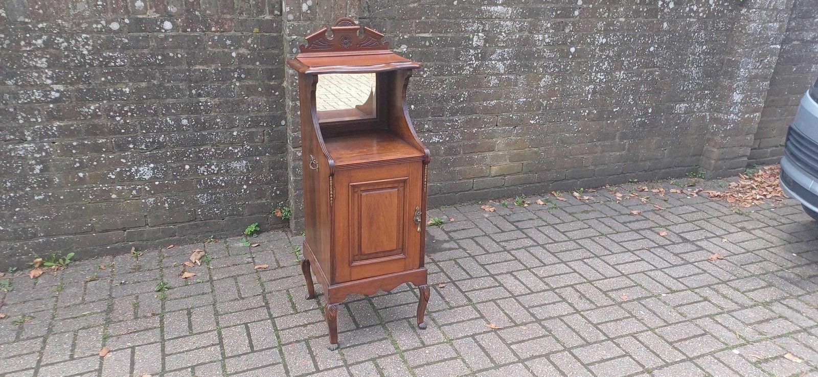 Victorian Mahogany Music Cabinet Narrow Ornate Antique Storage With Brass Details & Mirror photo vinterior