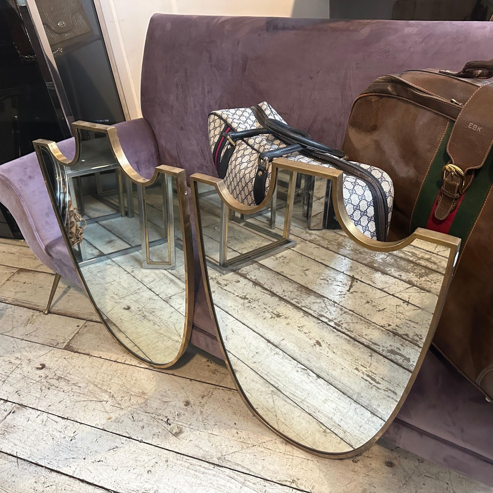 Two 1950s Gio Ponti Style Mid Century Modern Brass Shield Italian Wall Mirrors photo for sale