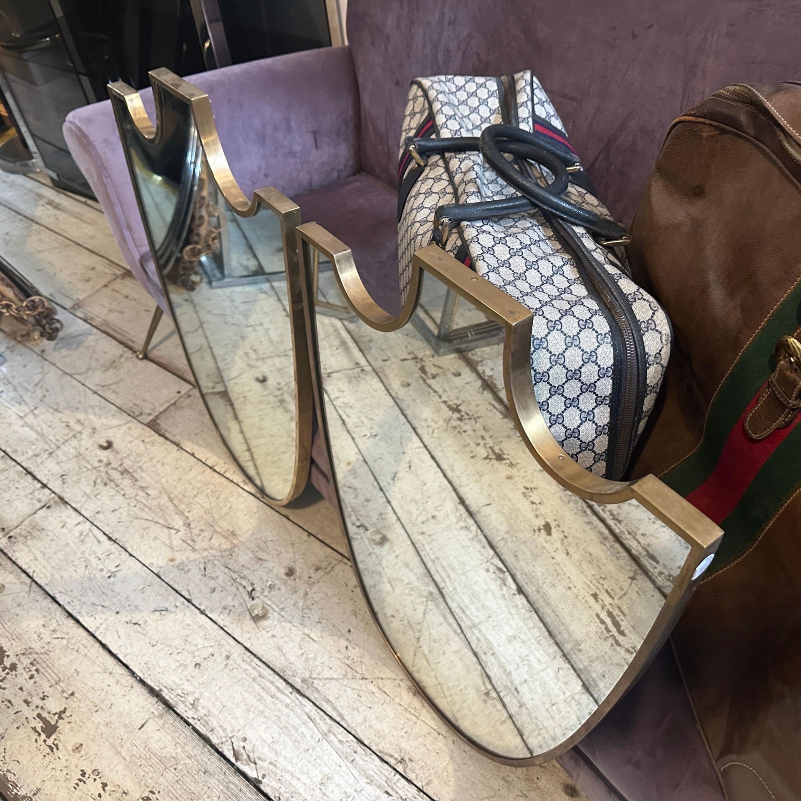 photo furniture Two 1950s Gio Ponti Style Mid Century Modern Brass Shield Italian Wall Mirrors