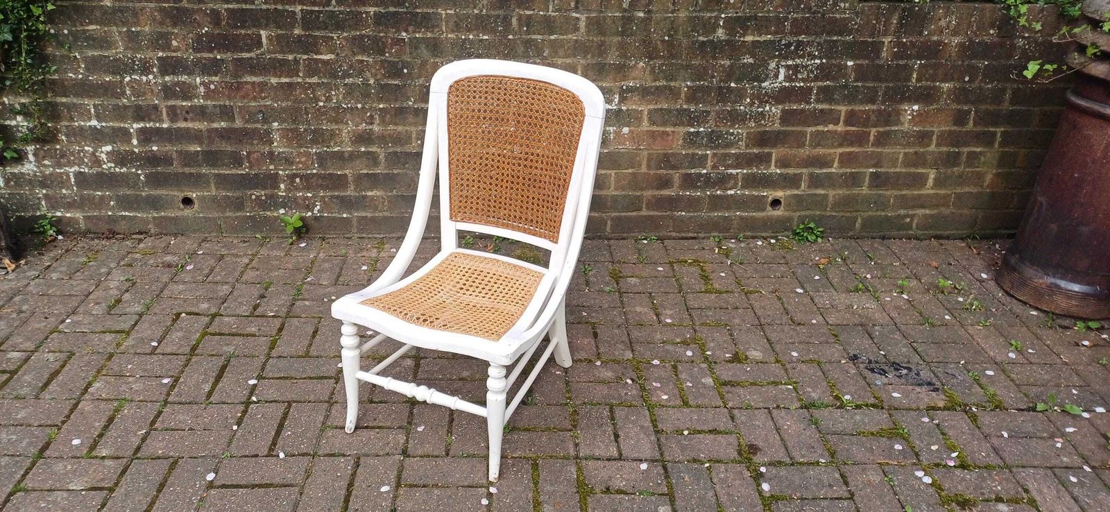 Vintage White Painted Victorian Cane Chair French Country Style With Curved Frame