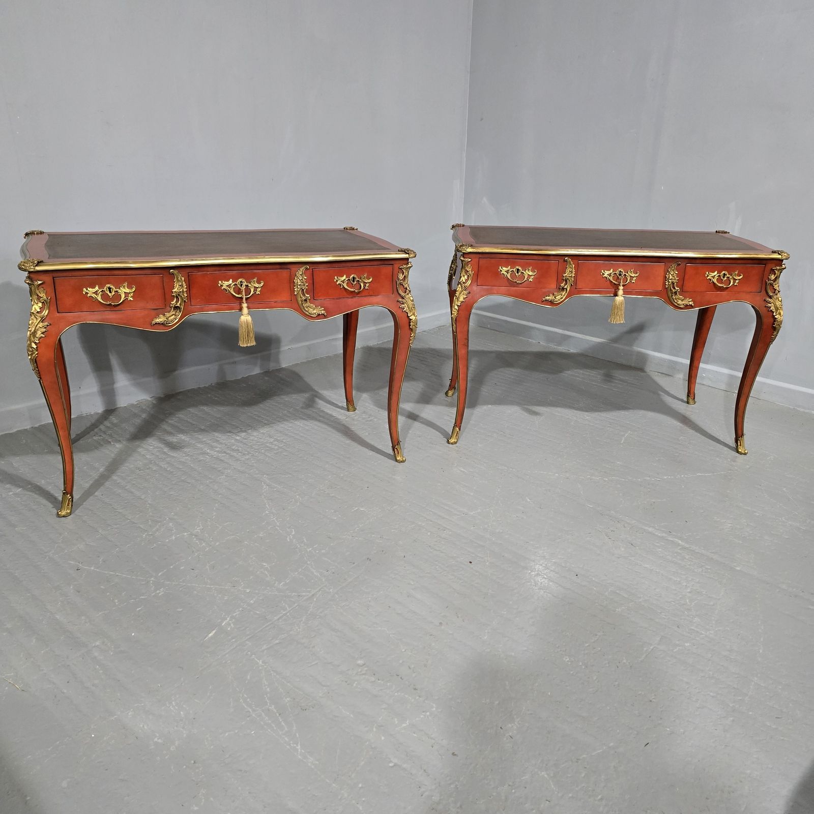 Outstanding Pair Of Red Laquered Bureau Plat Desks