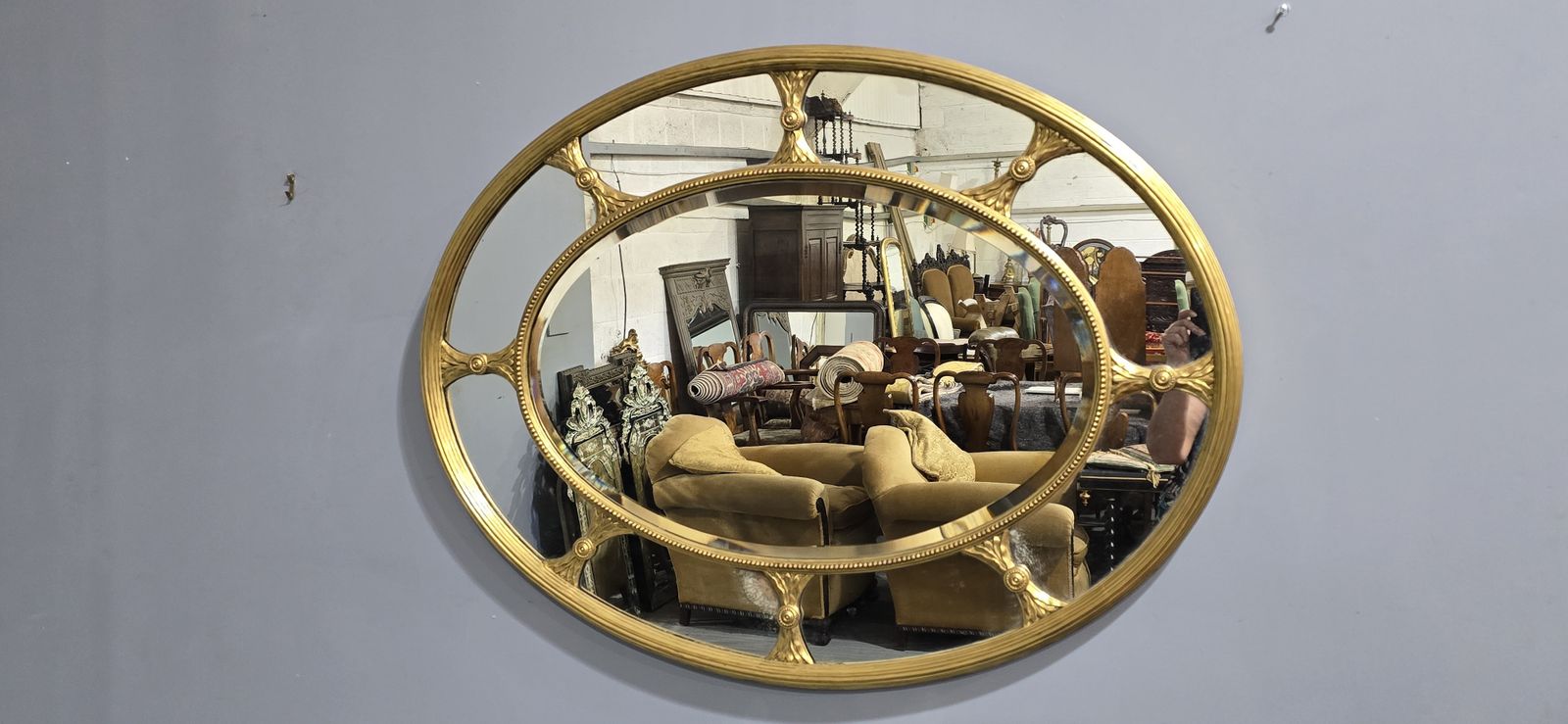 Large Rare English Chippendale Gilt Oval Mirror photo vinterior