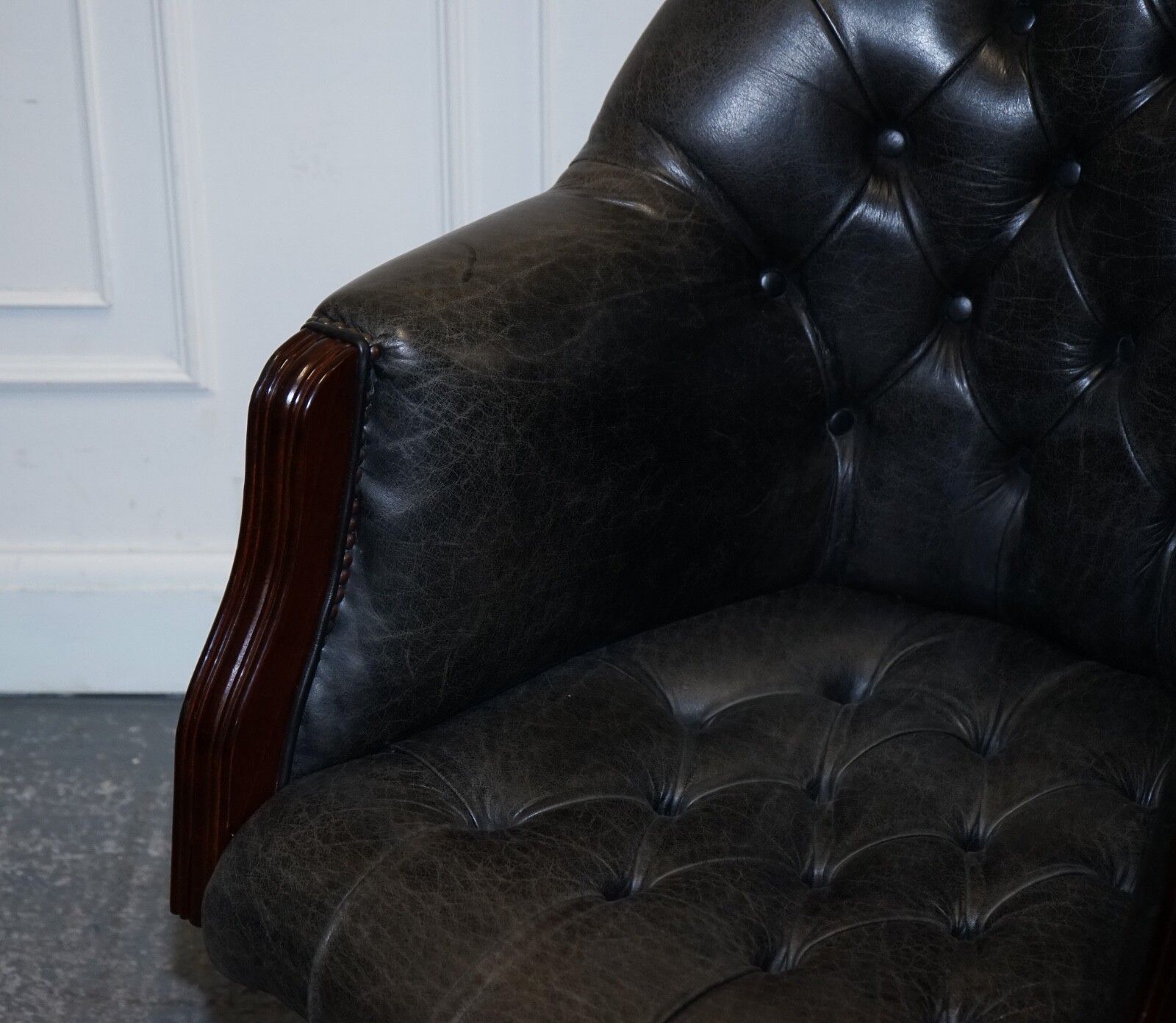 Vintage Chesterfield Dark Aged Grey Leather Directors Swifel Captains Chair photo 1450.0