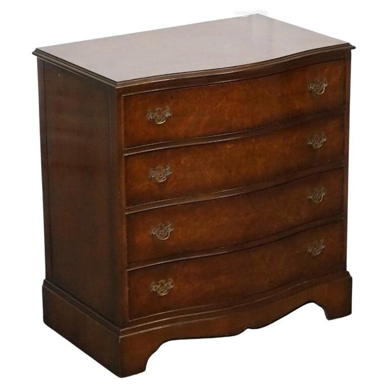 Late 20th Century Burr Walnut Chest Of Drawers With Brass Handles