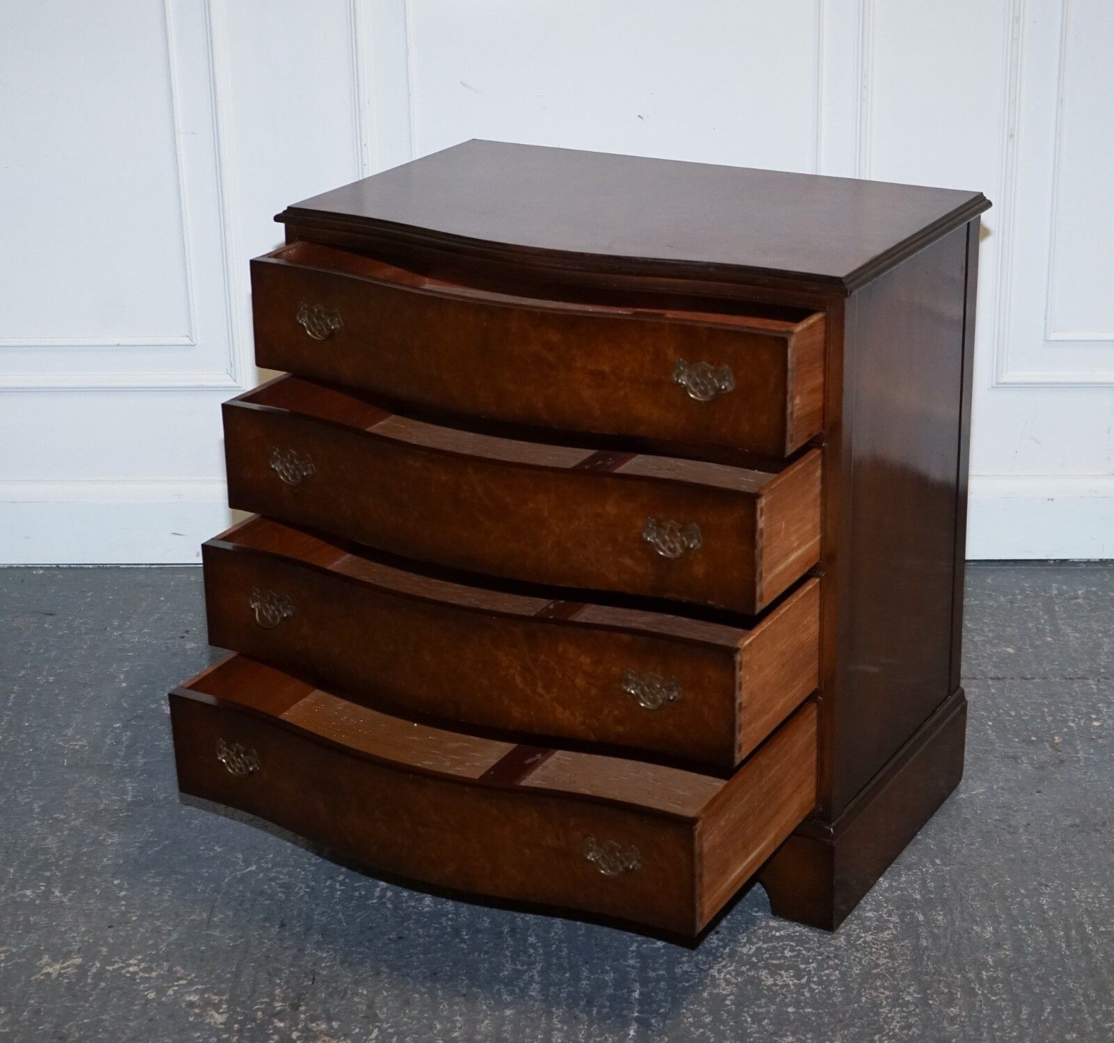 Late 20th Century Burr Walnut Chest Of Drawers With Brass Handles photo Furniture