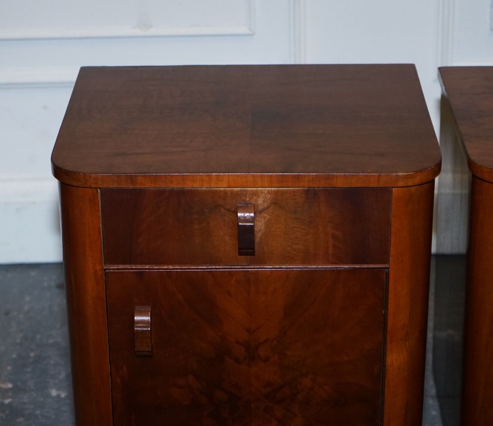 Pair Of 1930's Art Deco Burr Walnut Bedside Tables Nightstands Drawer & Cupboard photo vinterior