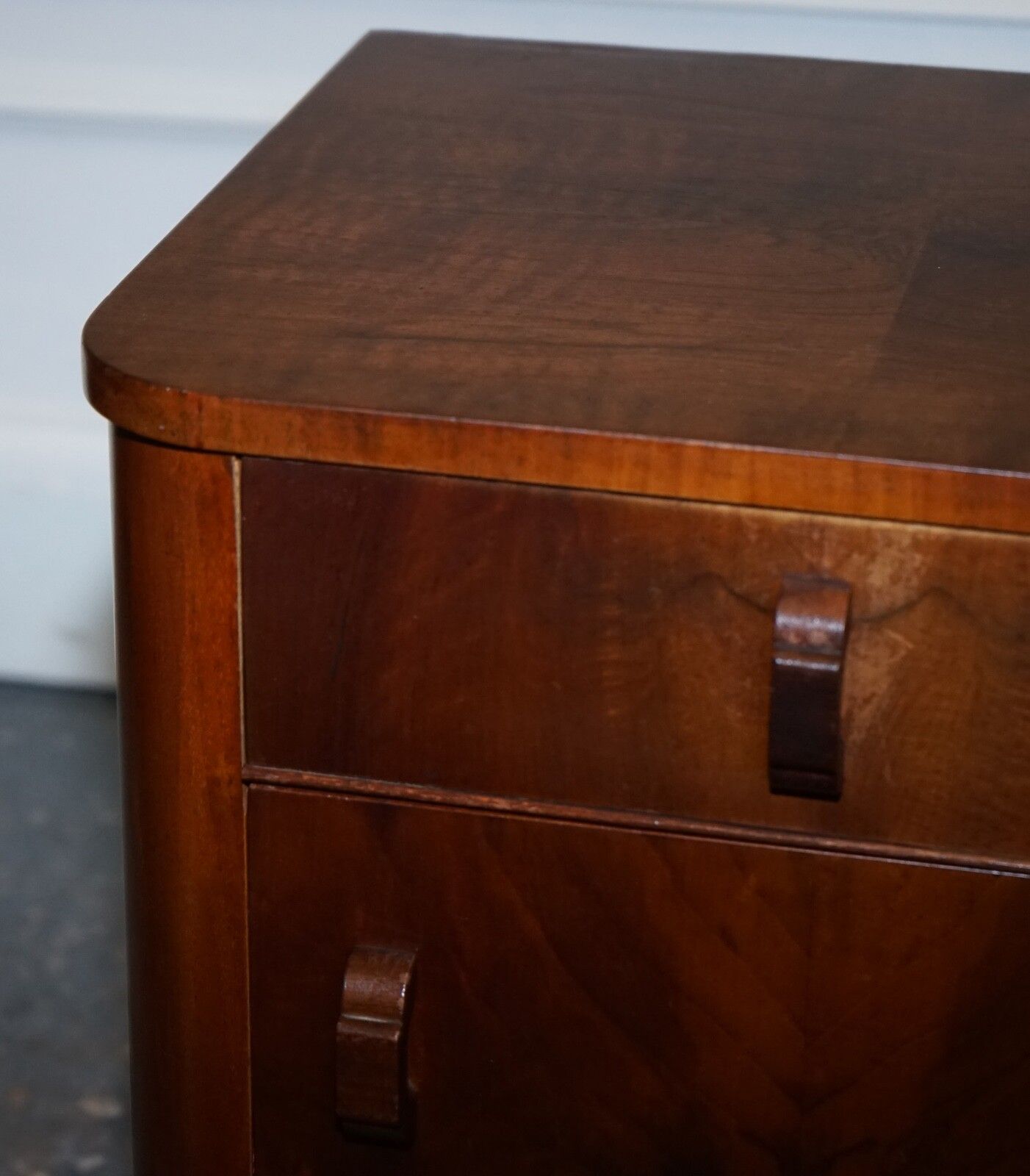 photo furniture Pair Of 1930's Art Deco Burr Walnut Bedside Tables Nightstands Drawer & Cupboard
