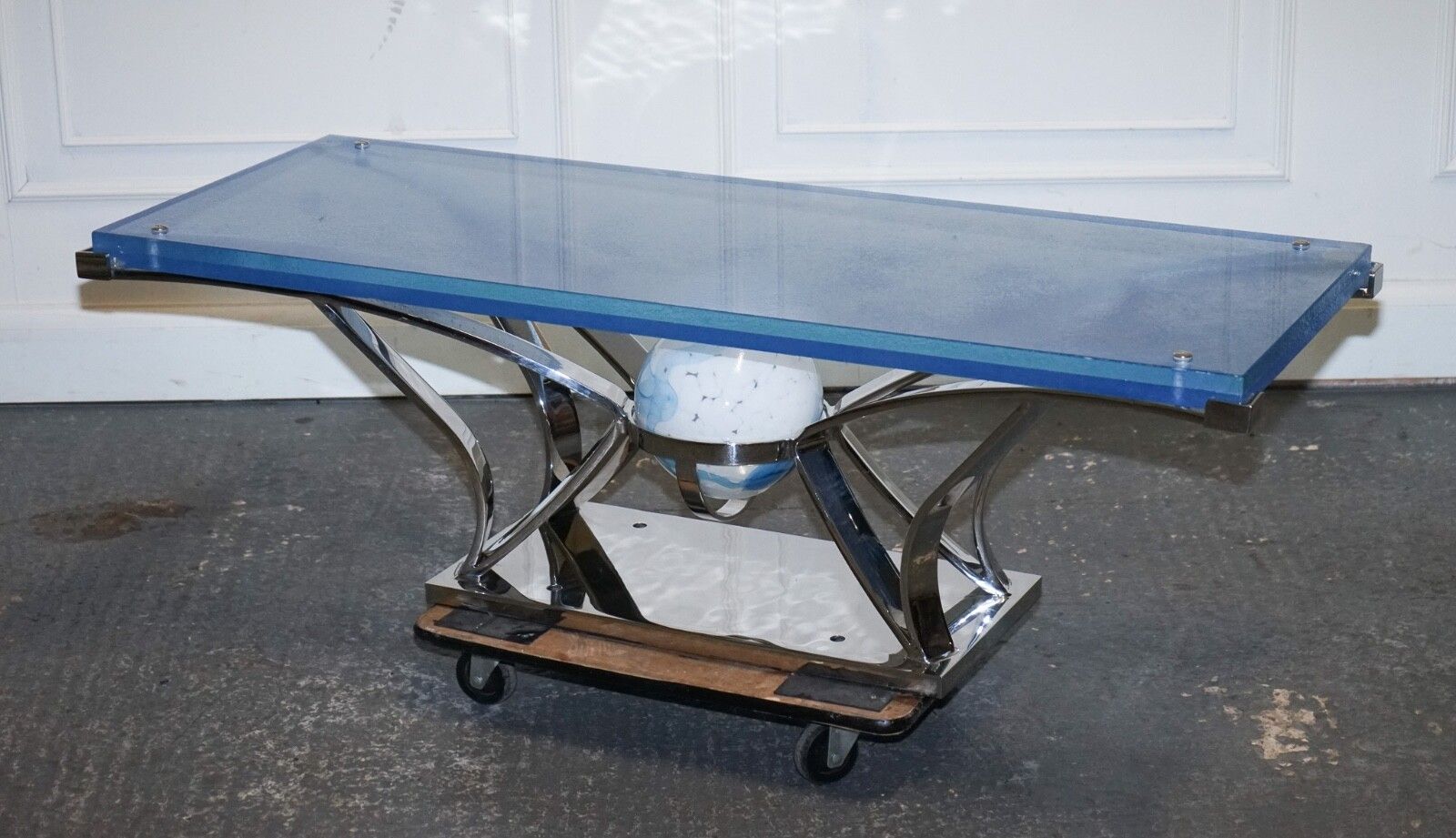 Rare Custom Hand Made Glass Marine Grade Stainless Steel Coffee Table By Soliart photo for sale