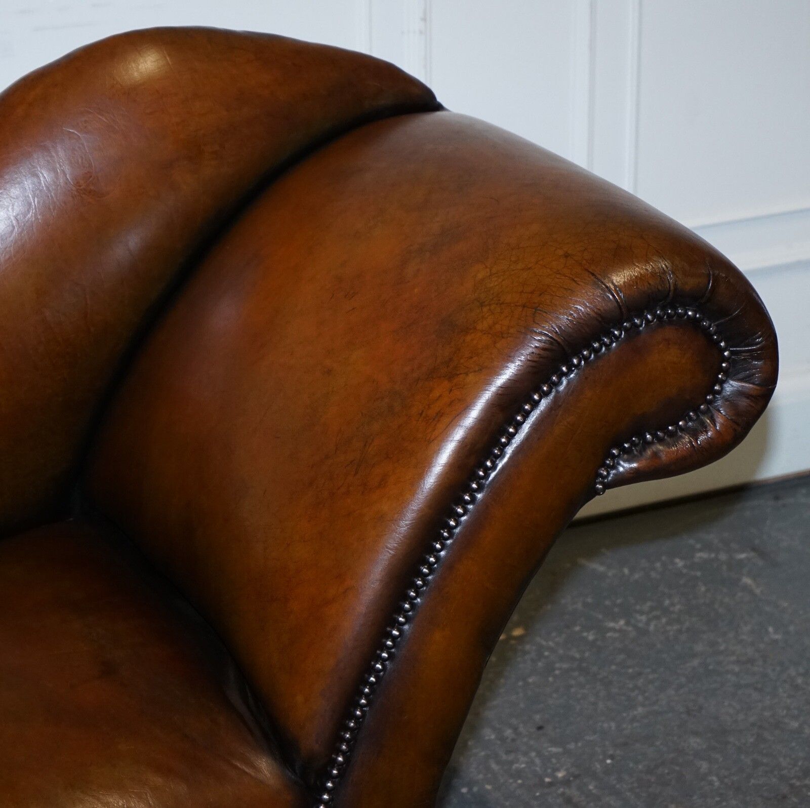 photo for sale Antique Restored Victorian Brown Leather Hand Dyed Chaise Lounge Settee
