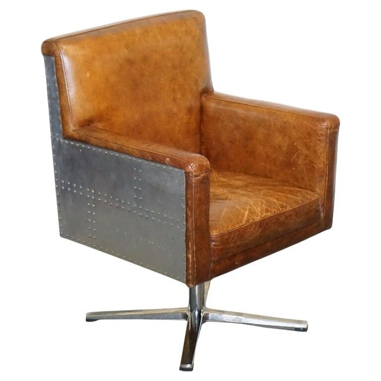Vintage Brown Leather Aviator Metal Swivel Office Captains Armchair
