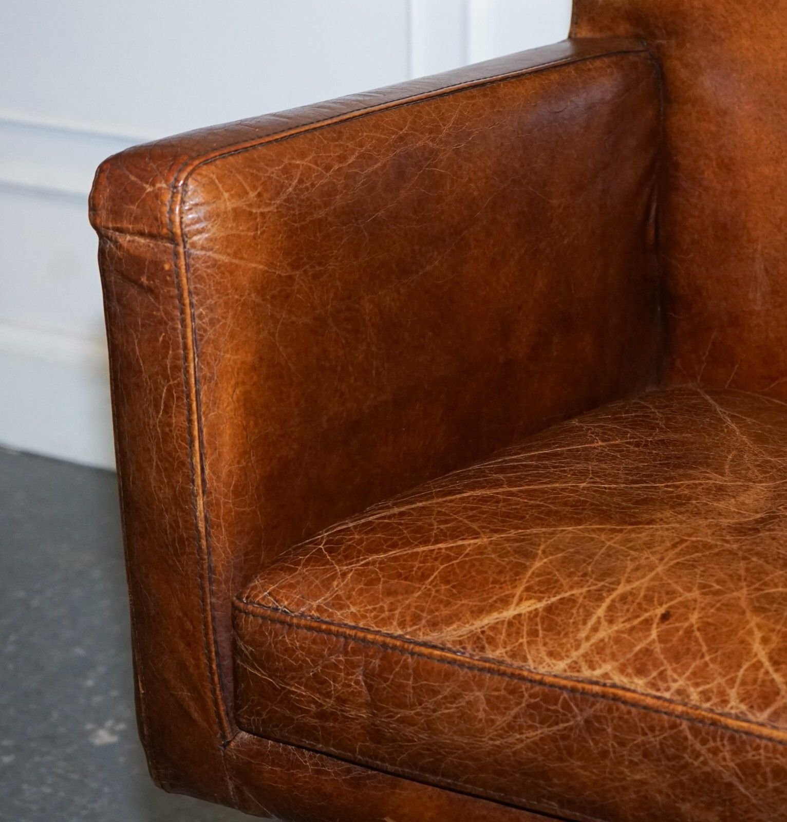 Vintage Brown Leather Aviator Metal Swivel Office Captains Armchair photo vinterior