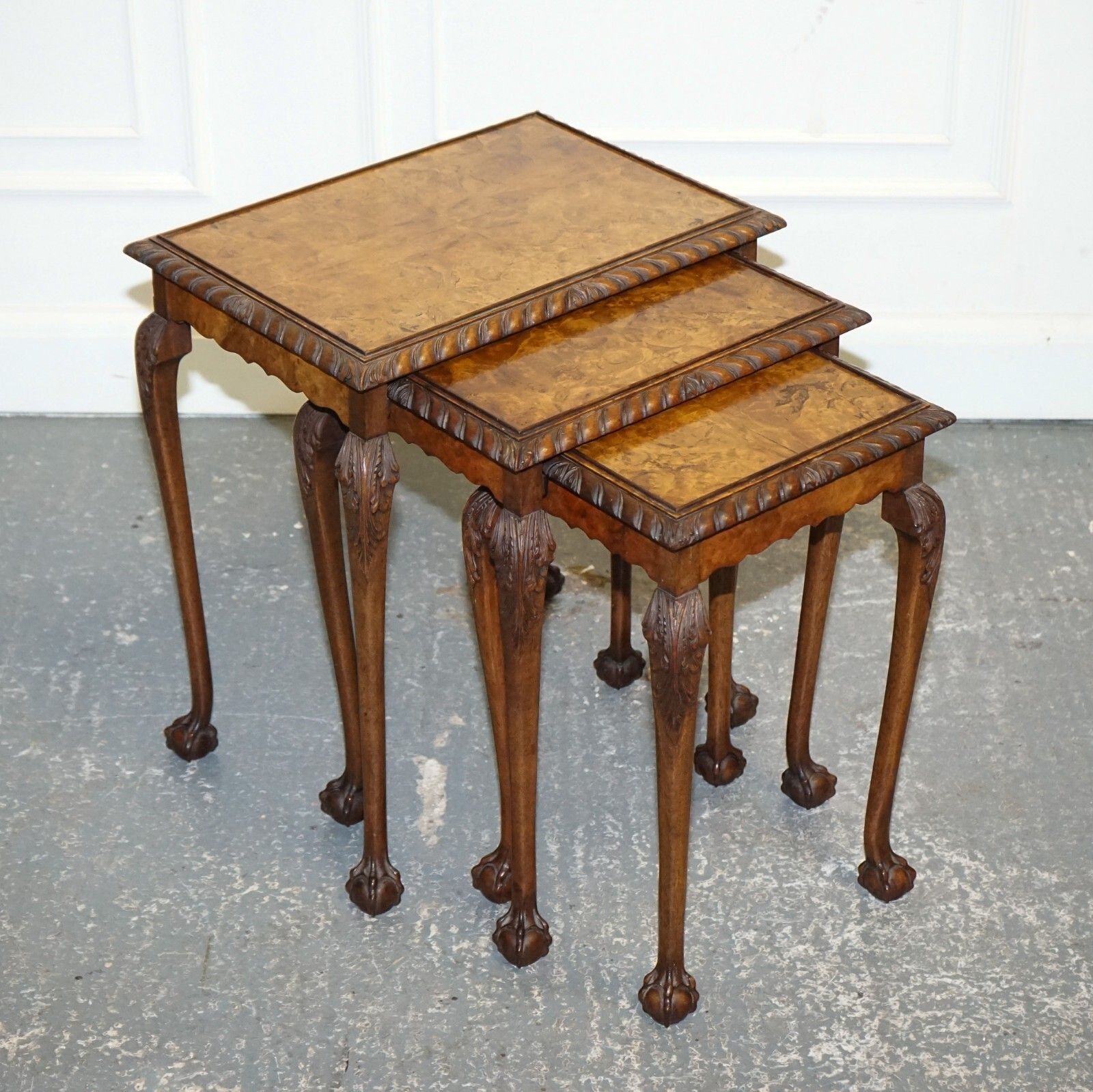 Stunning Burr Walnut Nest Of  Three Tables Carved Claw & Ball Feet photo furniture