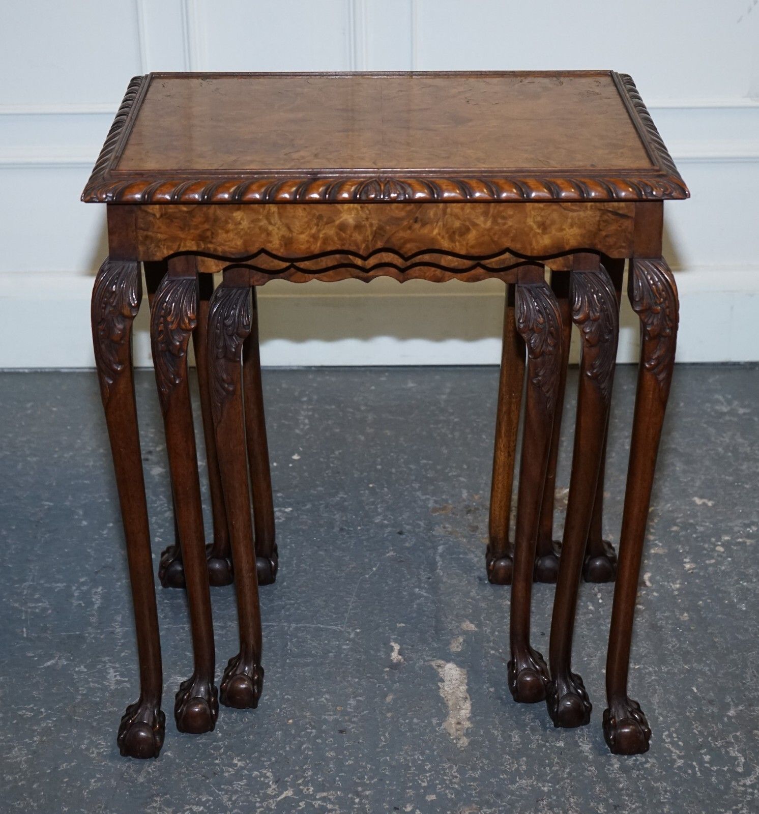 Furniture Stunning Burr Walnut Nest Of  Three Tables Carved Claw & Ball Feet photo