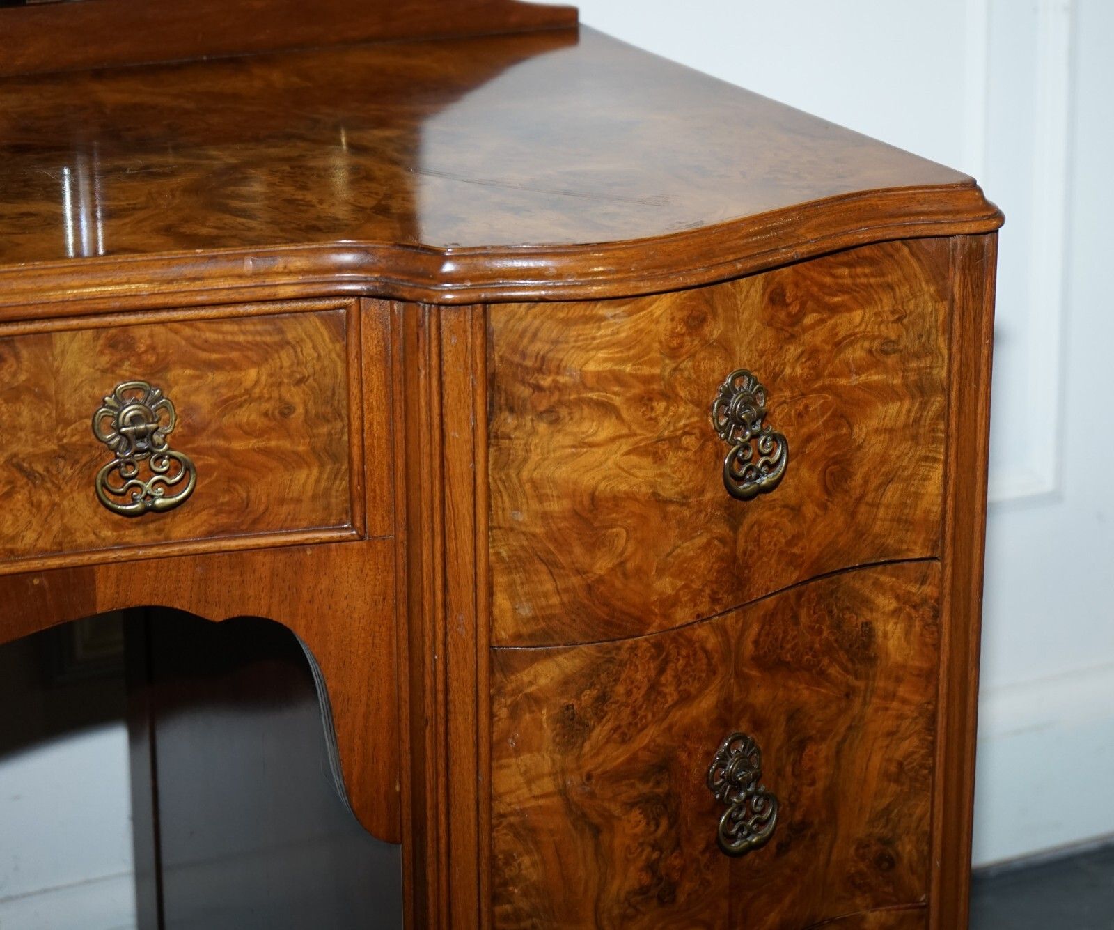 Antique 1920's Burr Walnut Art Deco Dressing Table With Plenty Of Drawers photo vintage
