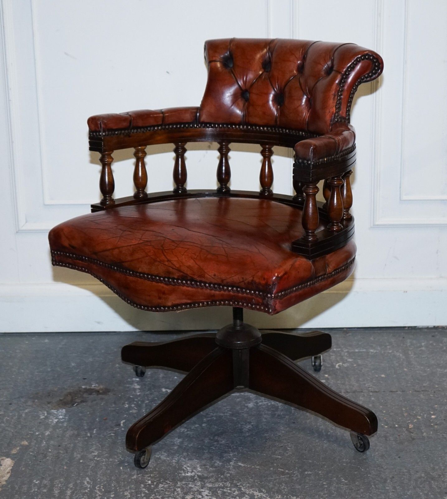 Antique Hand Dyed Brown Leather Chesterfield Captains Office Swivel Armchair photo for sale