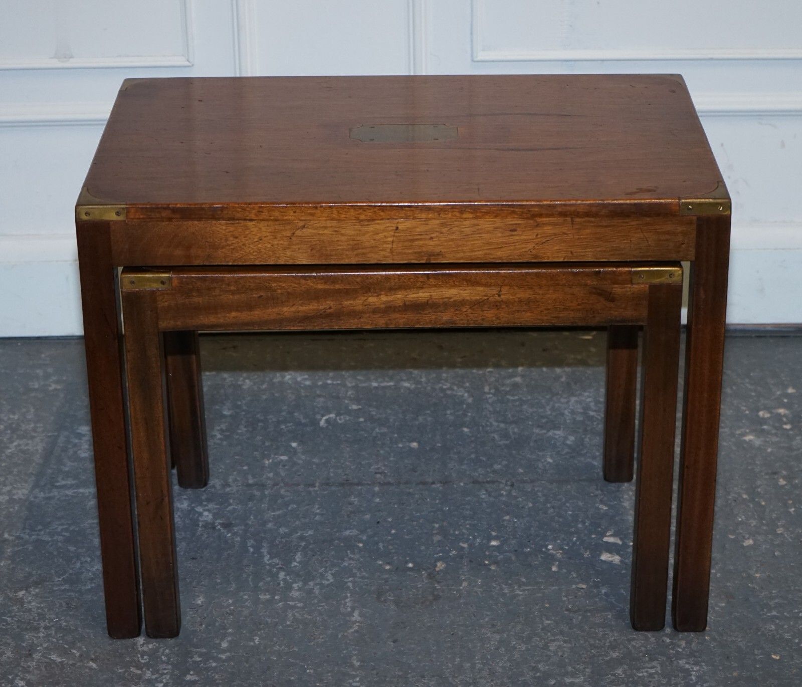 Vintage London Harrods Kennedy Military Campaign Nest Of Two Tables Brass Detail photo for sale