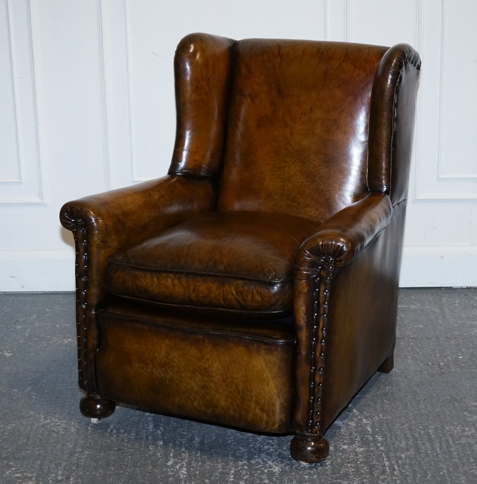 Stunning Early Victorian Hand Dyed Brown Leather Reading Lounge Armchair photo furniture