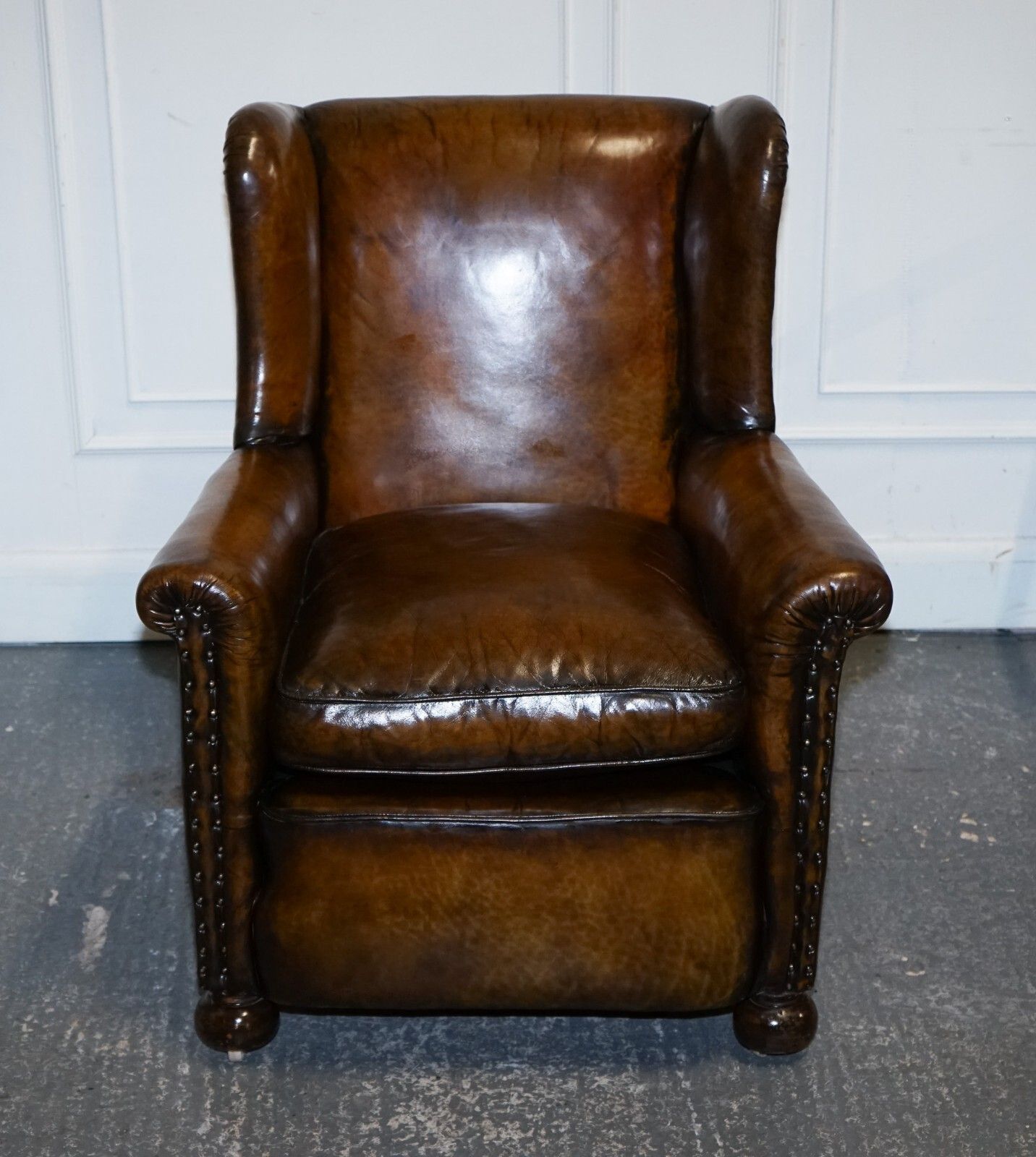 Stunning Early Victorian Hand Dyed Brown Leather Reading Lounge Armchair photo for sale